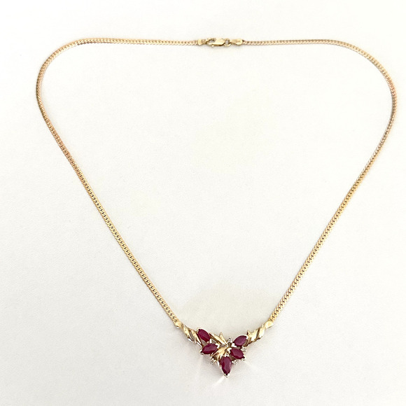14K Yellow Gold Marquise Ruby Diamond Necklace - Picture 1 of 16